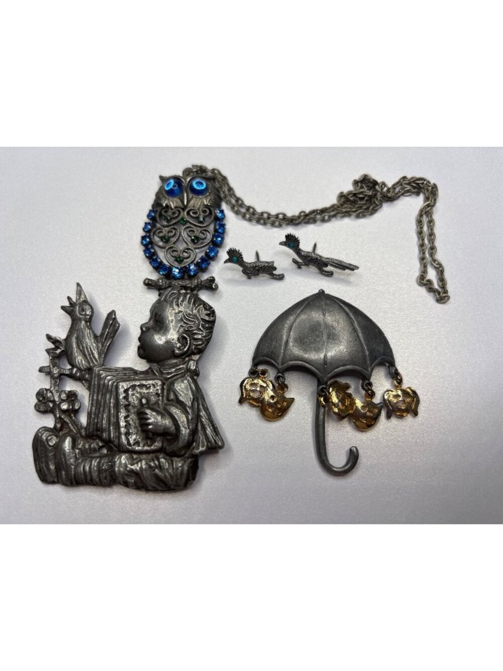 5-Piece Pewter Jewelry Lot: Articulated Owl, Hummel, Ultracraft, J. Ritter, Cats